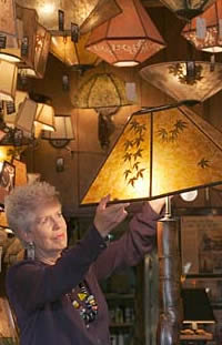 Sue Johnson in her Berkeley lamp shop
