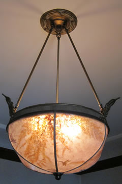 Custom Bent mica ceiling lamp shade with dried maidenhair and hand-cut dragonflies by Sue Johnson