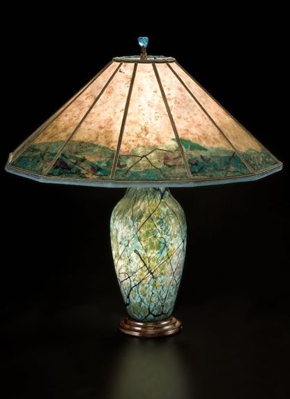 T185 Lindsay Art Glass Table Lamp and Mica Lampshade, Floral Illusion with Pepper Leaves and Dragonflies