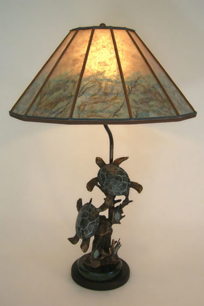 t228 Bronze Turtle Sculpture Table Lamp, Mica Lamp Shade with Sea Turtle Drawings