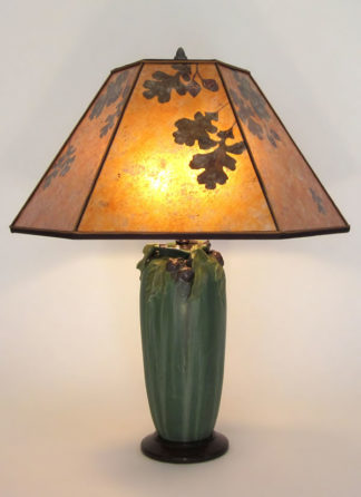 t266 American Arts and Crafts Pottery Lamp, Ephraim Faience “Stalwart Oak” lamp with Amber Mica Oak Leaves and Acorns Lamp Shade