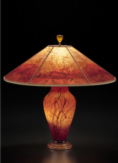 T282b Confetti Orange Art Glass Lamp, design 2, Sloped Mica Shade with confetti design by Sue Johnson