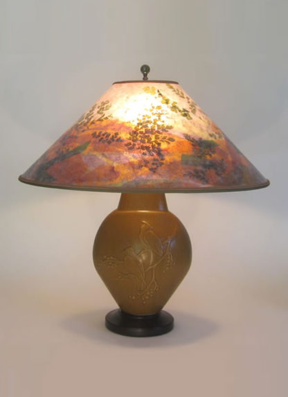 t290 Cedar Waxwings Bird Lamp & Colorful Mica Lampshade, "Morning Meadow"