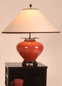 t153 Red Raku Asian Style Lamp, Rice Paper Lampshade