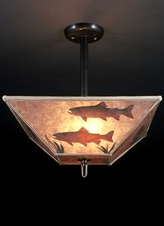 c144 Rustic lighting with trout fish swimming on a square mica lamp shade, Ceiling Light Fixture