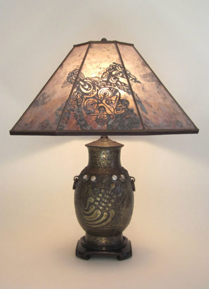 amt03 Antique table lamp with Turtle, Dragon and Phoenix designs, Mica Lampshade with Rising Turtle design