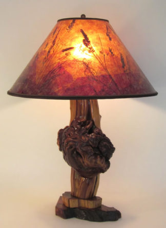 t01 Rustic Cedar Burl Lamp, “Sunset” Mica shade, by Sue Johnson