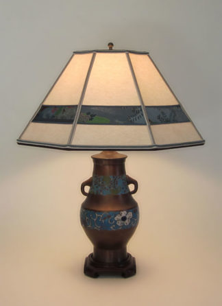 t02 Antique Champlevé lamp with handles, Parchment paper lampshade shade with decorative detailing
