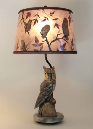 t02 Rustic Alabaster Antique Owl Lamp, Round Mica Lampshade with Owls and branches