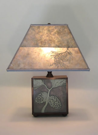 t04 Square Arts & Crafts Ceramic Tile and Copper Lamp with pine cones + Rectangle Mica lamp shade