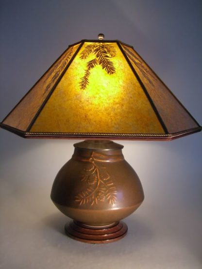 t177 Lonesomeville Art Pottery Table Lamp and Mica Lampshade, Redwood Sprigs