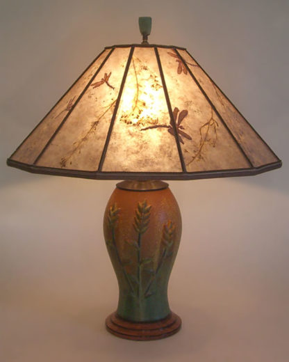 t202 Ephraim Faience Art Pottery Table Lamp, "Indian Paintbrush" arts & crafts lamp and Grasses and Dragonflies Mica shade