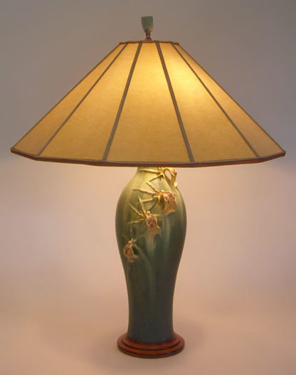 t203 Arts & Crafts table lamp: Ephraim Faience Art Pottery Spider Orchid Lamp, Parchment Paper Lamp Shade