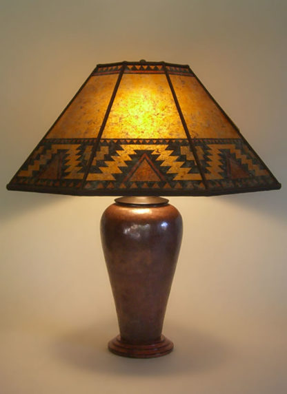t225a Large Copper table lamp, "Lightning Border" Southwestern design Mica Lamp Shade