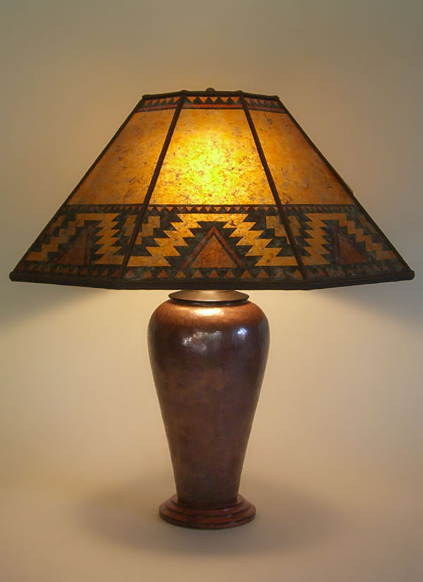 Large Copper table lamp, "Lightning Border" Southwestern design Mica