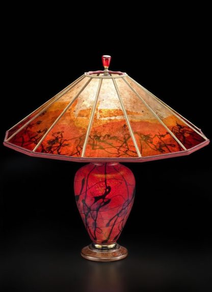 t245 Lindsay Brilliant Red Art Glass Lamp & 12 panel mica shade: Phoenix Rising