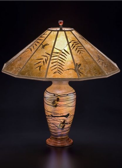 t247 Lindsay Art Glass Table Lamp and Mica Lampshade, Floral Illusion with Pepper Leaves and Dragonflies