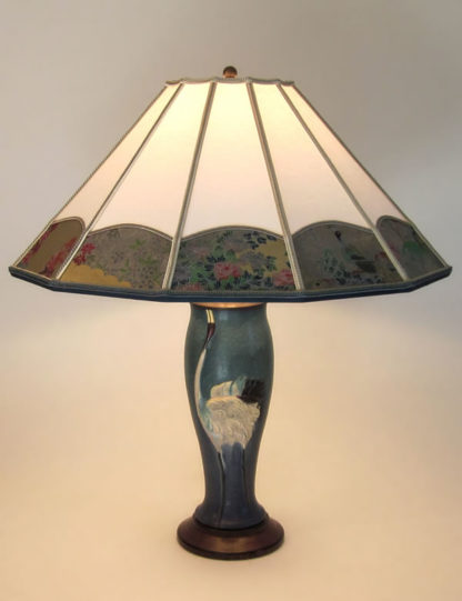 t252 Ephraim Faience Crane Dance art pottery lamp base, Parchment Paper with Blue Tsuru border lamp shade