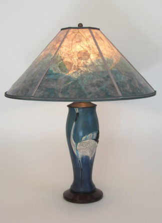 t252a Contemporary Arts & Crafts Lamp, Ephraim Faience Dancing Crane Pottery with "Crane Habitat" Mica Lamp shade