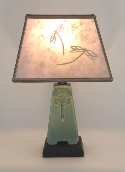 t253 Small Green Dragonfly Roycroft Arts & Crafts Pottery Lamp, Rectangle Mica Shade With Hand-Cut Dragonflies By Mary Shilman