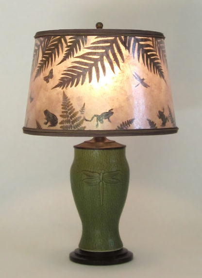 t272 Lonesomeville Potters Ceramic Light Green Dragonfly Lamp, Round mica shade, “Pond Scene”, by Lynn Duncan