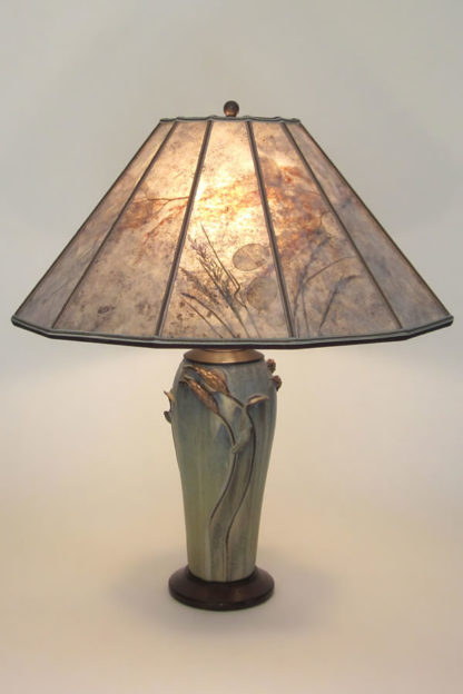t276 Green Arts and Crafts Ephraim Faience Pottery Lamp with “Moon over the Grasslands” Mica Lampshade