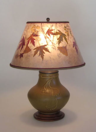 t283 Ginkgo Pottery Lamp, Mica Shade with Colorful Fall Leaves