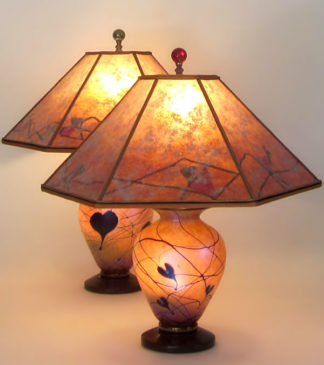 T285ab Hearts Galore and Hearts For You Art Glass Lamps with Mica Lamp Shades