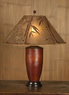 t152 Asian Red Bamboo Table Lamp, Mica Lampshade with Hand-Cut Bamboo Design