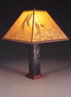 t53 Asian Metal Accent Lamp, Amber Mica Square Lampshade with Hand-cut Eucalyptus and Ladybug Design