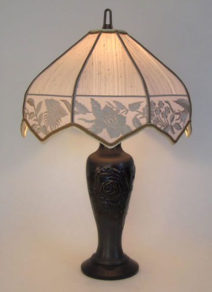 Antique brass table lamp with Rose design and embroidered silk lamp shade