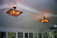  Rectangular mica ceiling lights with custom hand-cut bird and leaf designs. 