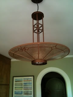 Custom Mica ceiling shade with Hand-cut Windowpane design