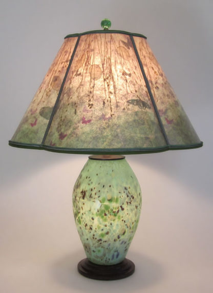 t250 Lindsay Art Glass speckled Green lamp with lighted base & Quatrefoil Mica Lamp shade with Grasses and Butterflies