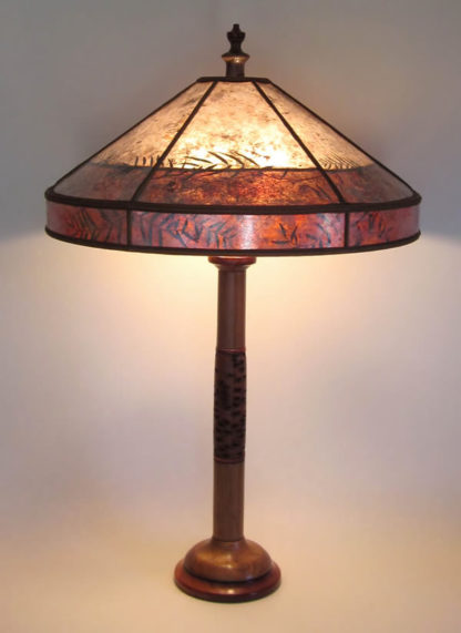 lt305 Turned wood lamp with Walnut, Bubinga and Banksia Pod, Mica lamp shade