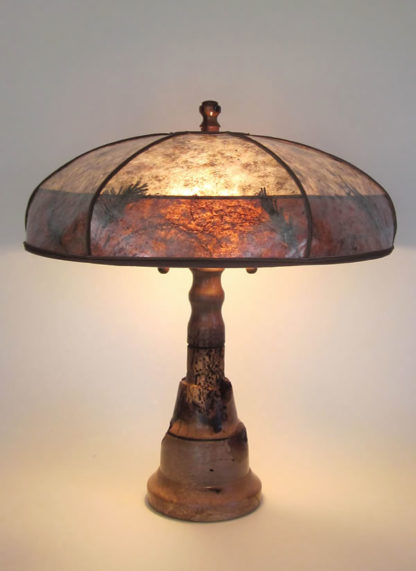 lg-t305b One of a kind lamp, “Volcano” Turned wood lamp with Banksia Pod, Mica lamp shade