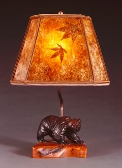 t13 Rustic Lighting: Ainu hand carved Bear Lamp, mica lampshade with natural leaves