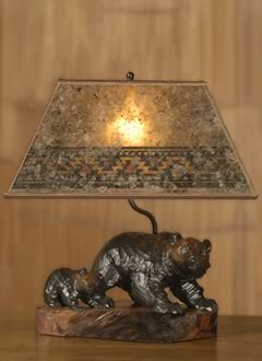 t156 Rustic Lighting: Ainu carved bear table lamp, Mica Rectangle lampshade with Southwestern border