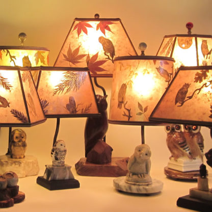 Seven owl lamps and owl lamp shades
