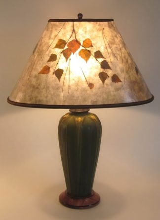 t294 Ephraim Faience lamp and oval mica shade with birch and pine