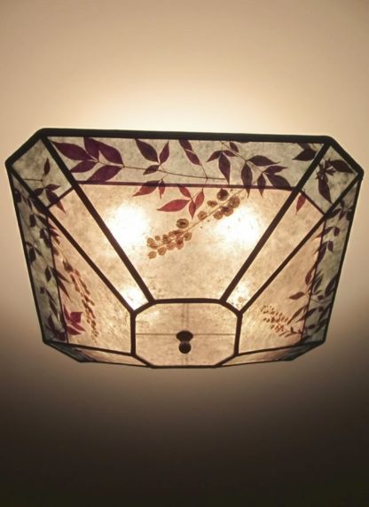 C326 Cut-corner square silver mica ceiling light with aqua color band and natural foliage