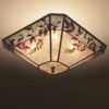 C326 diagonal view - Cut-corner square silver mica ceiling light with aqua color band and natural foliage