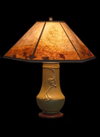 T349 Tall Lonesomeville Pottery Ginkgo Table Lamp, Light Mica Lamp Shade with a colorful border featuring natural ginkgo leaves