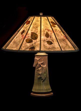 T350 Door Pottery Bats! Table Lamp, 12-panel Mica Lamp Shade with Natural Eucalyptus Leaves, hand-cut bats and grey liner