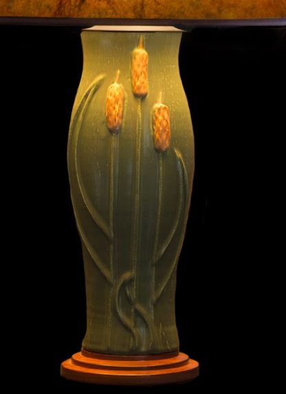 T351 Door Pottery Green glaze Table Lamp base with Cattails, lamp base detail