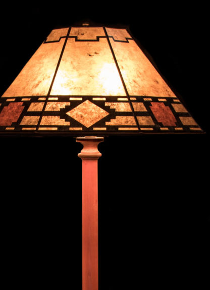 F353 Turned Bubinga Standing Lamp, Mica Octagon with “Caballero” Design shade detail