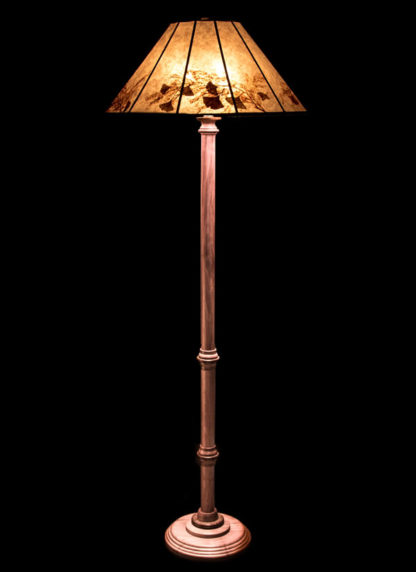 F354 Walnut Floor Lamp, Twelve-panel “Fern Grotto” Mica Lampshade with Natural Ginkgo Leaves