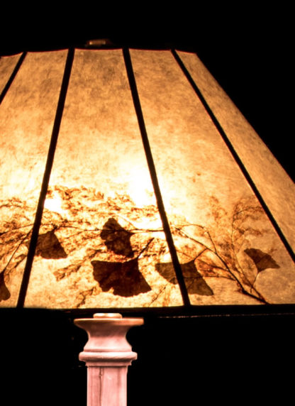 F354 Walnut Floor Lamp, Twelve-panel “Fern Grotto” Mica Lampshade with Natural Ginkgo Leaves-detail-close up