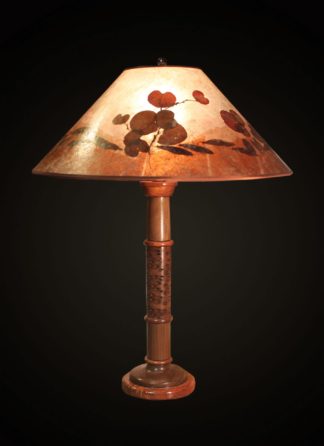 T362 Hand-turned Walnut and Banksia Pod Lamp by Bill Jabas, Round Mica Lampshade with Color Border and Natural Redbud Leaves and Seed Pods