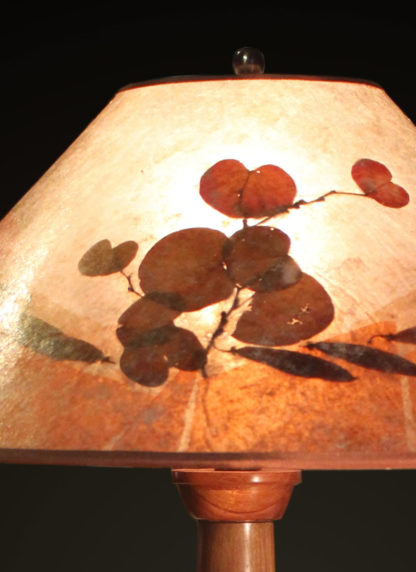 T362 Hand-turned Walnut and Banksia Pod Lamp by Bill Jabas, Round Mica Lampshade with Color Border and Natural Redbud Leaves and Seed Pods - lampshade detail